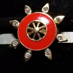 Vintage St John women's Gold N Red Ship's Wheel / Helm Brooch Pin.
